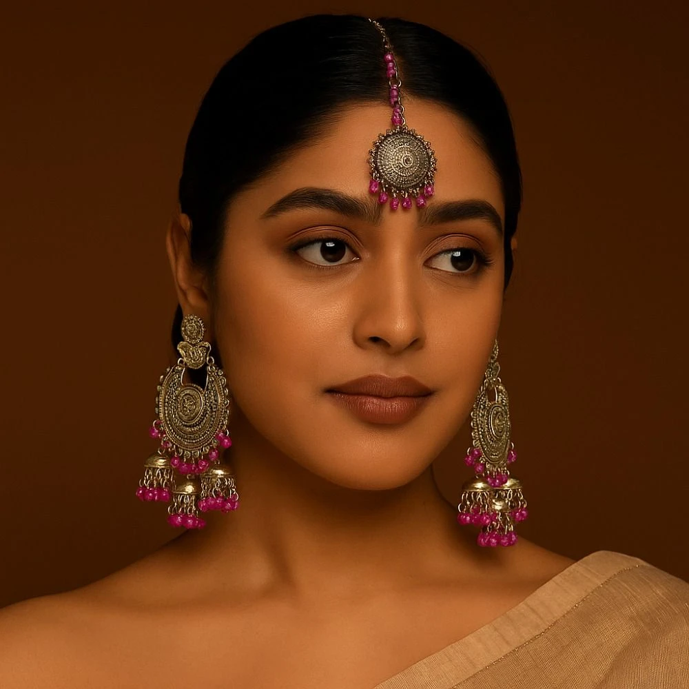 Tahaniya Pushpika Mohor Pearl Cascade Maang Tika Chandbali Earring view 2