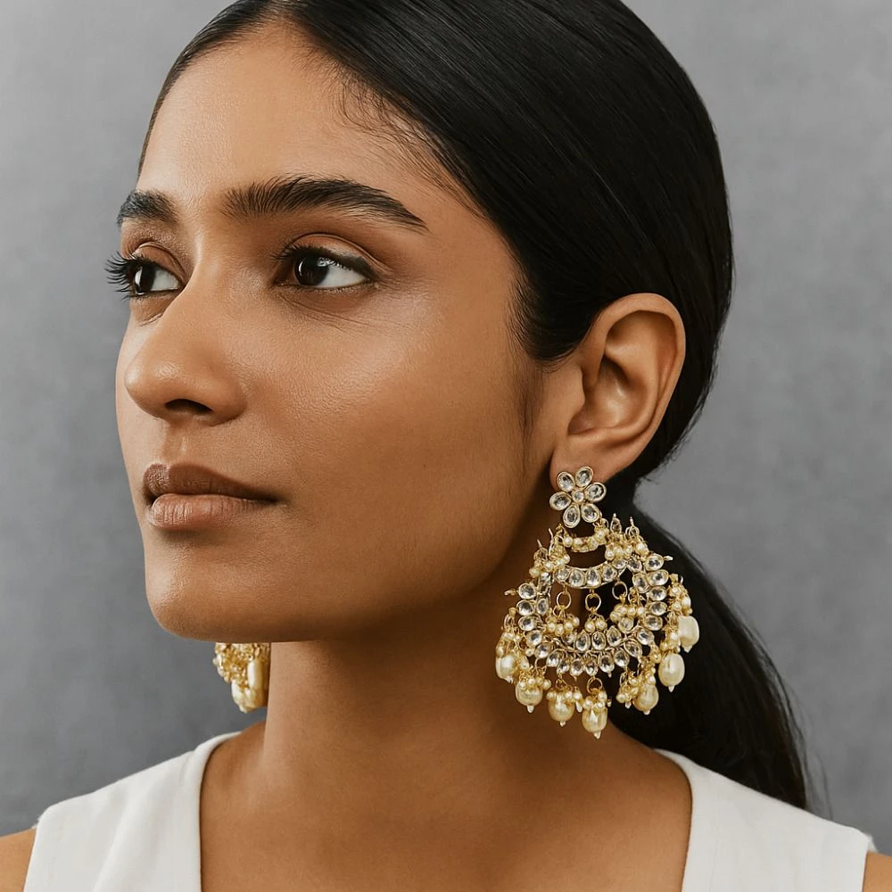 Tahaniya Lotus Cascade Pearl Chandelier Earrings Chandbali Earring view 2