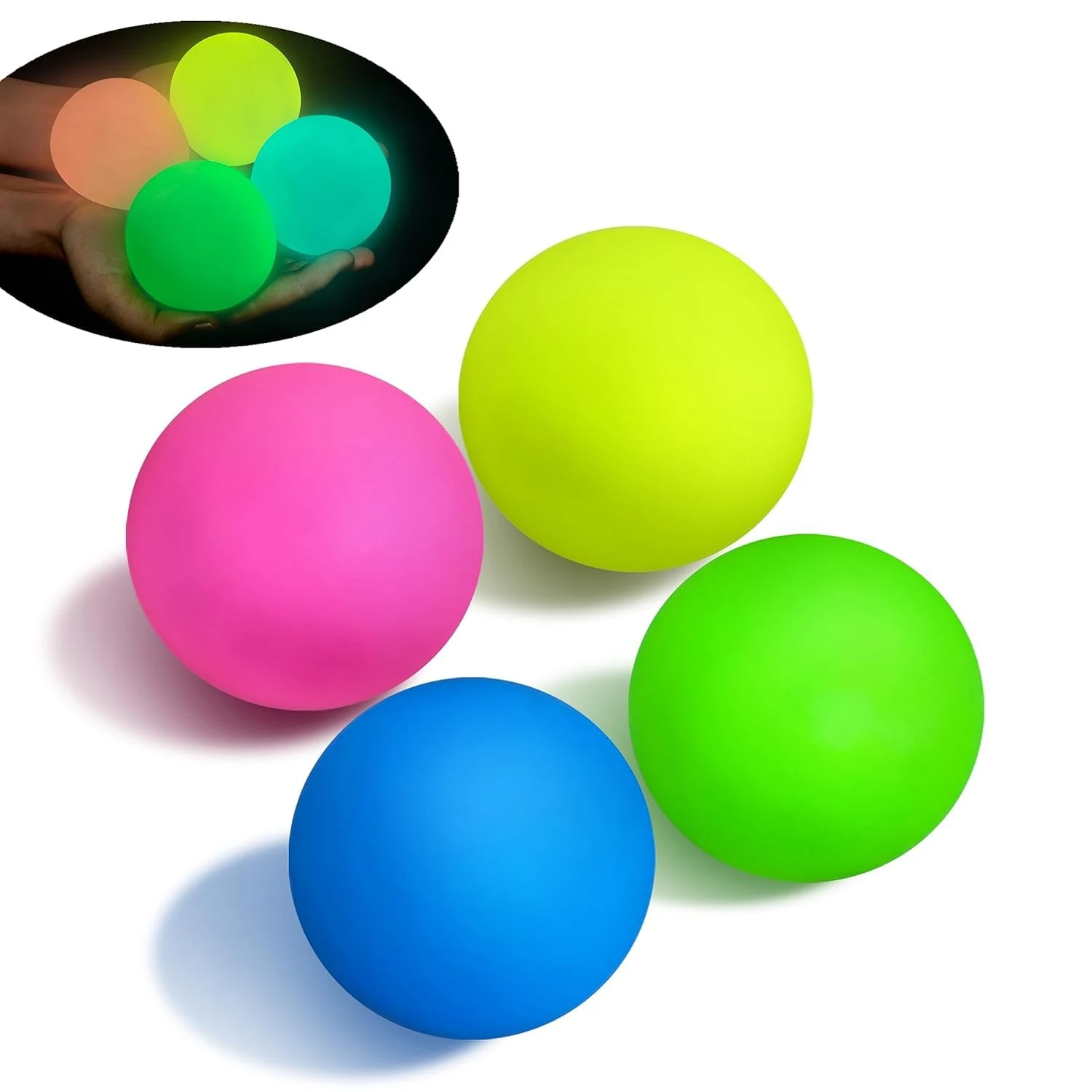 Design Studio 4 Pcs Glow in The Dark Squishy Stress Ball for Kids Teens Adults, 2.4" Sticky Ball Fidget Toy for Party Favors | Squeeze Sensory Toy for Anxiety Relief view 1