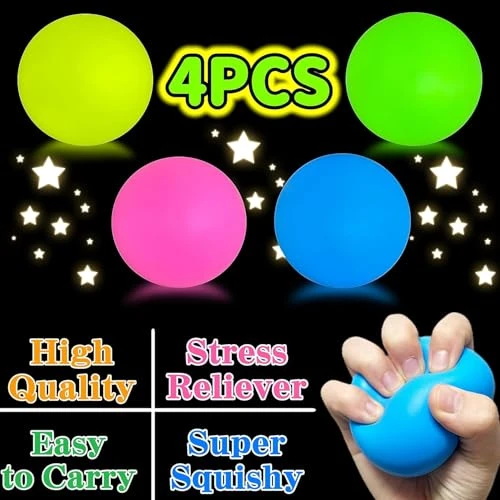 Design Studio 4 Pcs Glow in The Dark Squishy Stress Ball for Kids Teens Adults, 2.4" Sticky Ball Fidget Toy for Party Favors | Squeeze Sensory Toy for Anxiety Relief view 3
