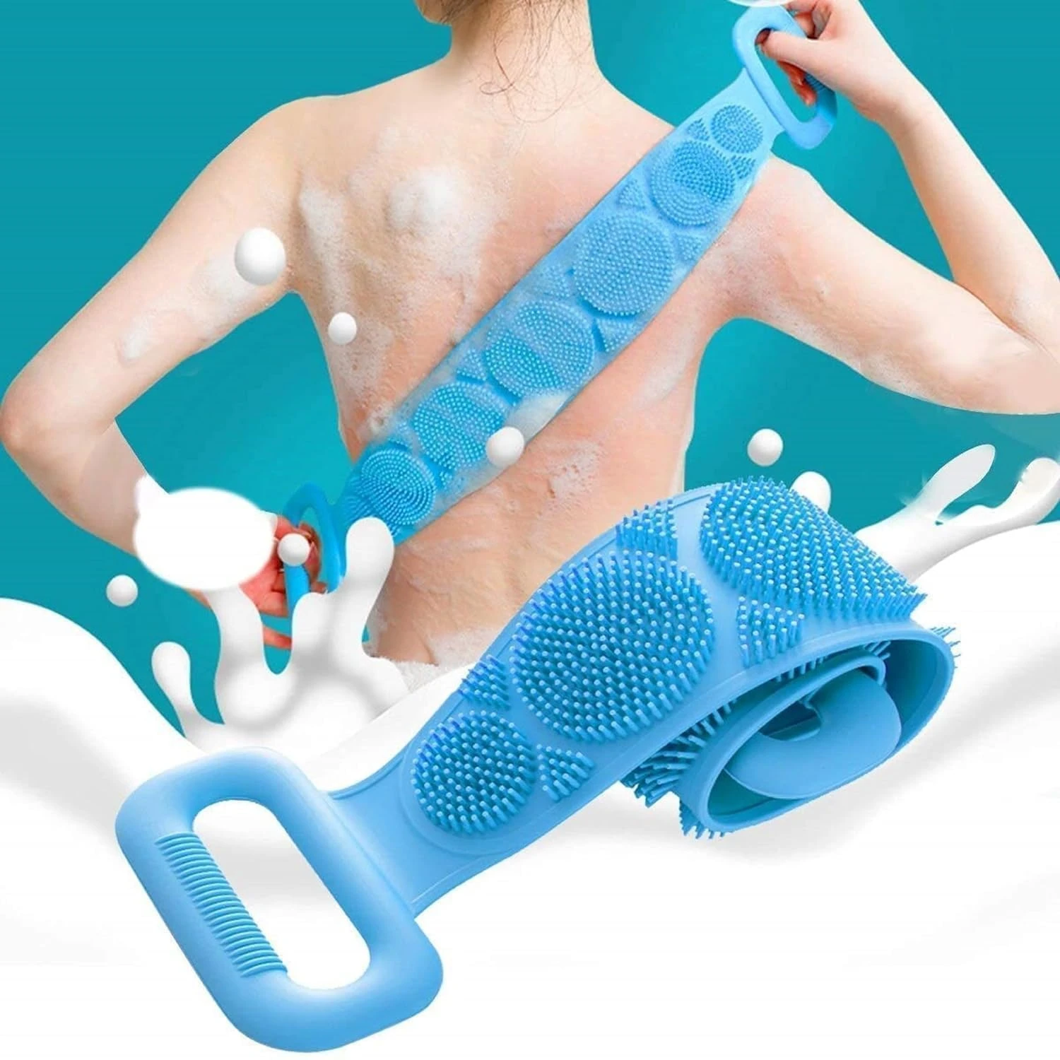 Silicone Body Back Scrubber - Blue Double Side Bathing Brush for Skin Deep Cleaning Massage | Dead Skin Removal Exfoliating Belt for Shower| Back Body Scruber view 1