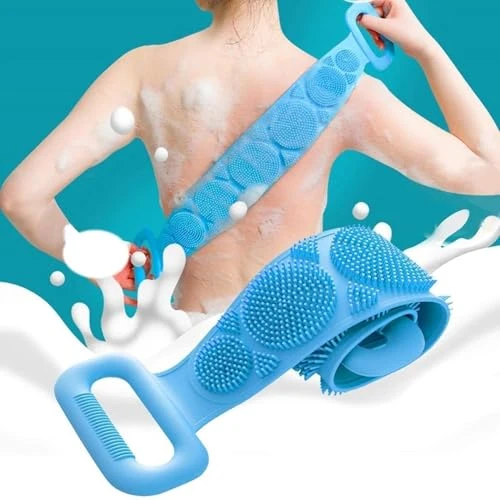 Silicone Body Back Scrubber - Blue Double Side Bathing Brush for Skin Deep Cleaning Massage | Dead Skin Removal Exfoliating Belt for Shower| Back Body Scruber view 2