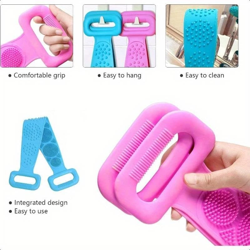 Silicone Body Back Scrubber - Blue Double Side Bathing Brush for Skin Deep Cleaning Massage | Dead Skin Removal Exfoliating Belt for Shower| Back Body Scruber view 3