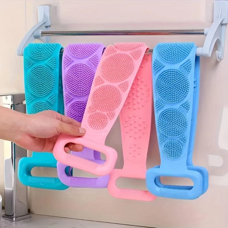 Silicone Body Back Scrubber - Blue Double Side Bathing Brush for Skin Deep Cleaning Massage | Dead Skin Removal Exfoliating Belt for Shower| Back Body Scruber view 4