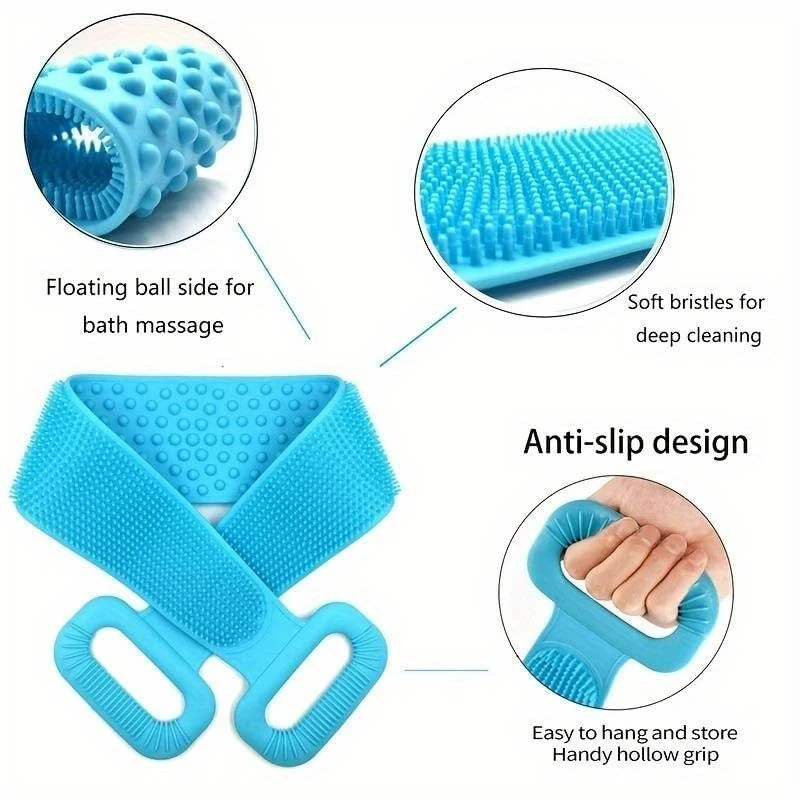 Silicone Body Back Scrubber - Blue Double Side Bathing Brush for Skin Deep Cleaning Massage | Dead Skin Removal Exfoliating Belt for Shower| Back Body Scruber view 5