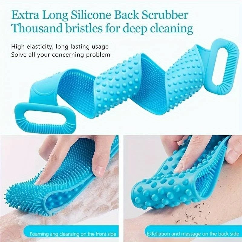 Silicone Body Back Scrubber - Blue Double Side Bathing Brush for Skin Deep Cleaning Massage | Dead Skin Removal Exfoliating Belt for Shower| Back Body Scruber view 6