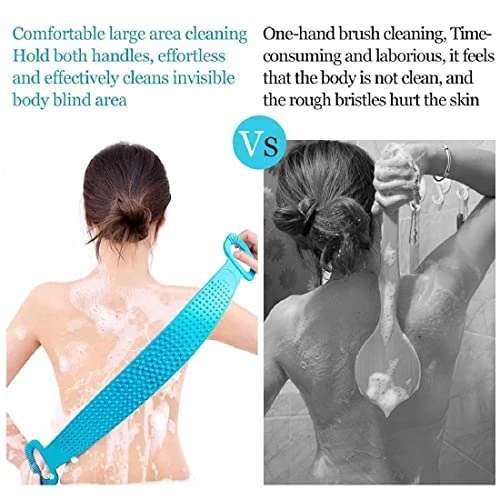 Silicone Body Back Scrubber - Blue Double Side Bathing Brush for Skin Deep Cleaning Massage | Dead Skin Removal Exfoliating Belt for Shower| Back Body Scruber view 7