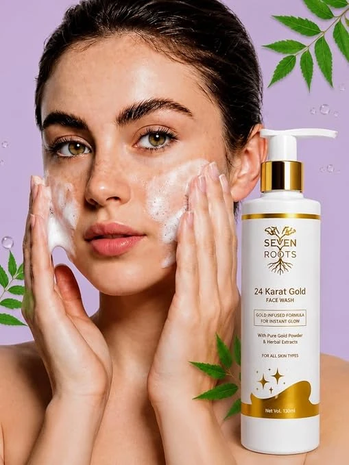 Seven Roots 24 Karat Gold Powder Face Wash – Herbal Brightening & Glow Care, 130 ml view 3