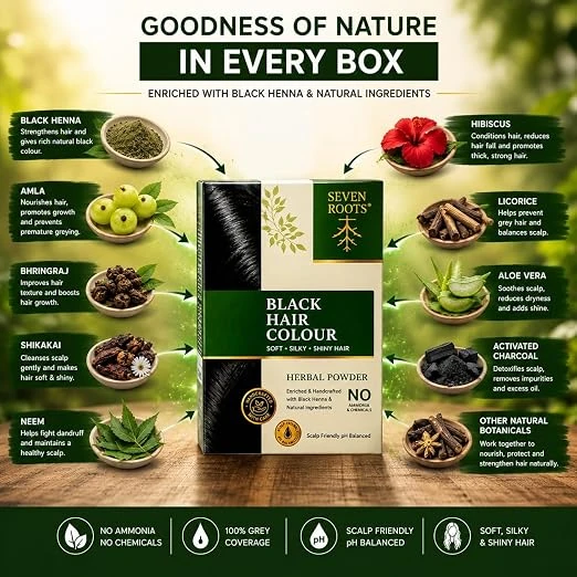 Seven Roots Black Herbal Hair Colour Powder – Long-Lasting Natural Black, 60 g view 3