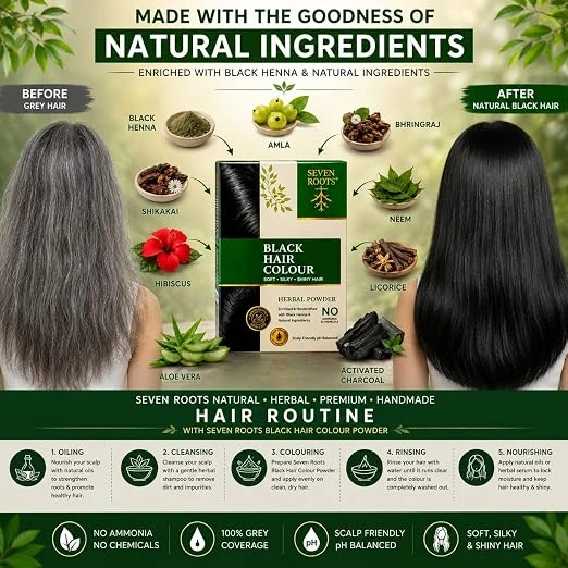 Seven Roots Black Herbal Hair Colour Powder – Long-Lasting Natural Black, 60 g view 4