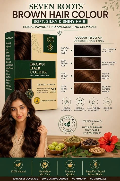 Seven Roots Brown Herbal Hair Colour Powder – Natural Brown Shade view 3