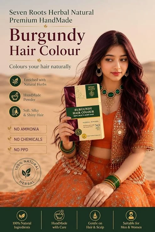 Seven Roots Burgundy Herbal Hair Colour Powder – Rich Burgundy Shade view 2