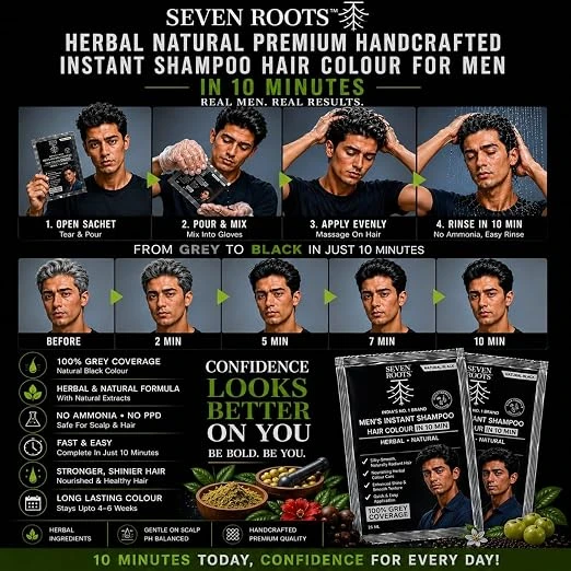 Seven Roots Men's Instant Shampoo Hair Colour – Natural Black, 75 ml (3 Sachets x 25 ml) view 2