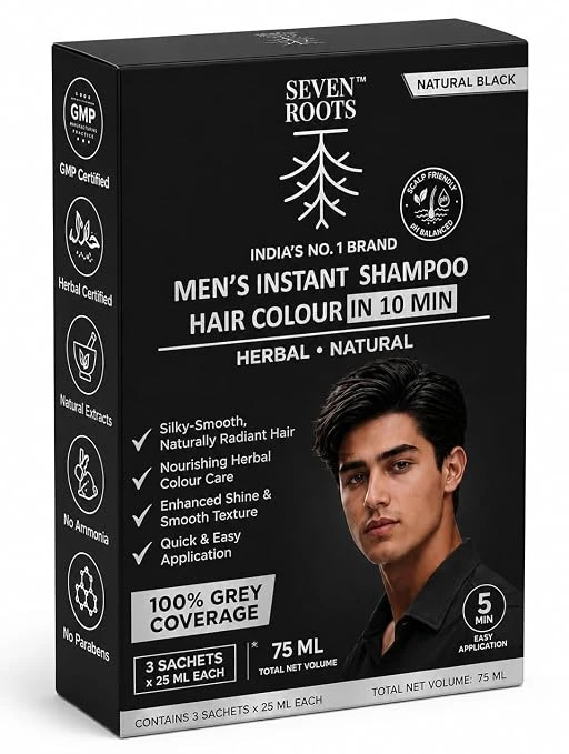 Seven Roots Men's Instant Shampoo Hair Colour – Natural Black, 75 ml (3 Sachets x 25 ml) view 3