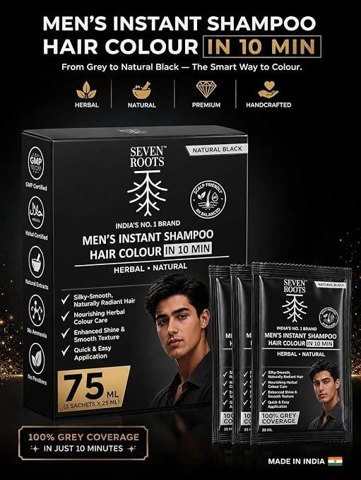 Seven Roots Men's Instant Shampoo Hair Colour – Natural Black, 75 ml (3 Sachets x 25 ml) view 4