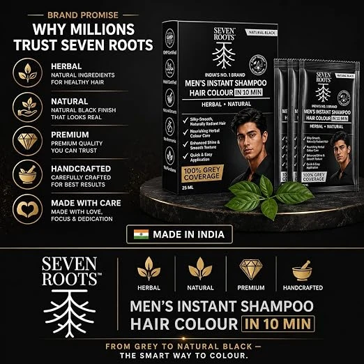 Seven Roots Men's Instant Shampoo Hair Colour – Natural Black, 75 ml (3 Sachets x 25 ml) view 5