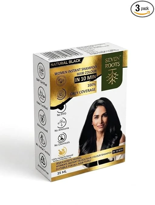 Seven Roots Women's Instant Shampoo Hair Colour – Natural Black, 75 ml (3 Sachets x 25 ml) view 1