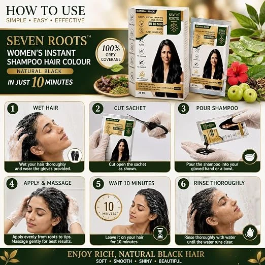 Seven Roots Women's Instant Shampoo Hair Colour – Natural Black, 75 ml (3 Sachets x 25 ml) view 3