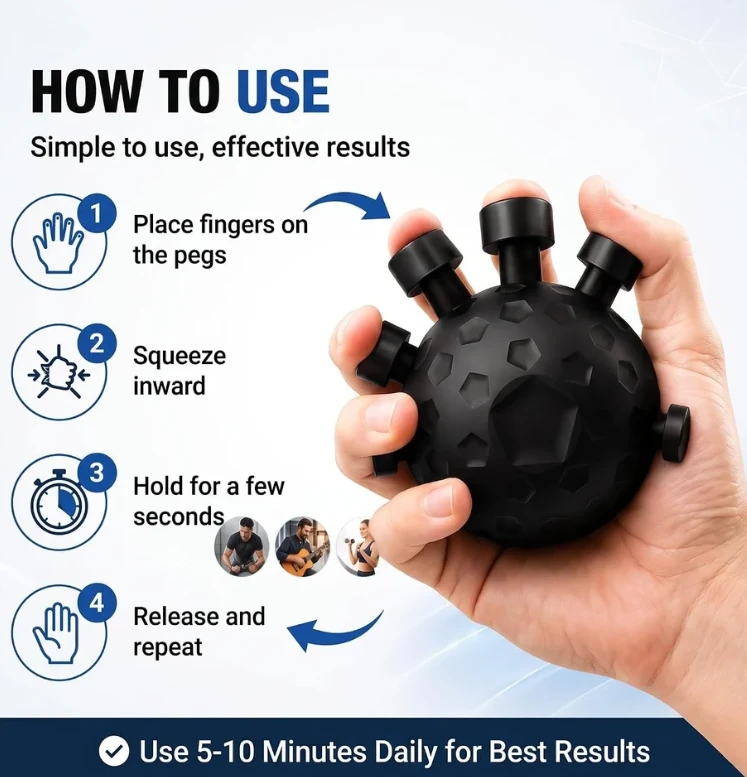 Hand holding a black finger exerciser ball with five spring-loaded finger grips