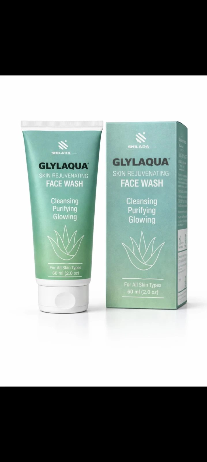 Glylaqua face wash tube with before and after skincare result, lemon, cucumber and mint splash design