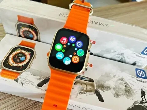 T800 Ultra Smartwatch with Wireless Charging and Orange Wrist Strap