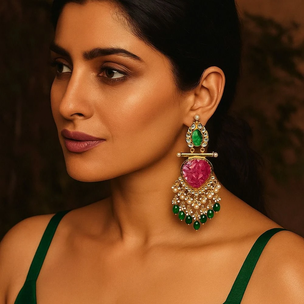 Tahaniya Handcrafted Kundan Pearl Drop Earrings Chandbali Earring view 1
