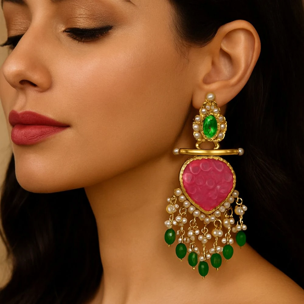Tahaniya Handcrafted Kundan Pearl Drop Earrings Chandbali Earring view 3
