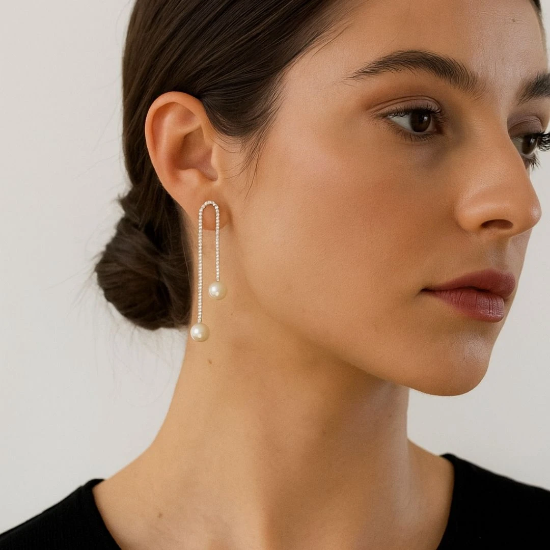 Tahaniya Crystal studded pearl drop earrings Drops & Danglers view 2