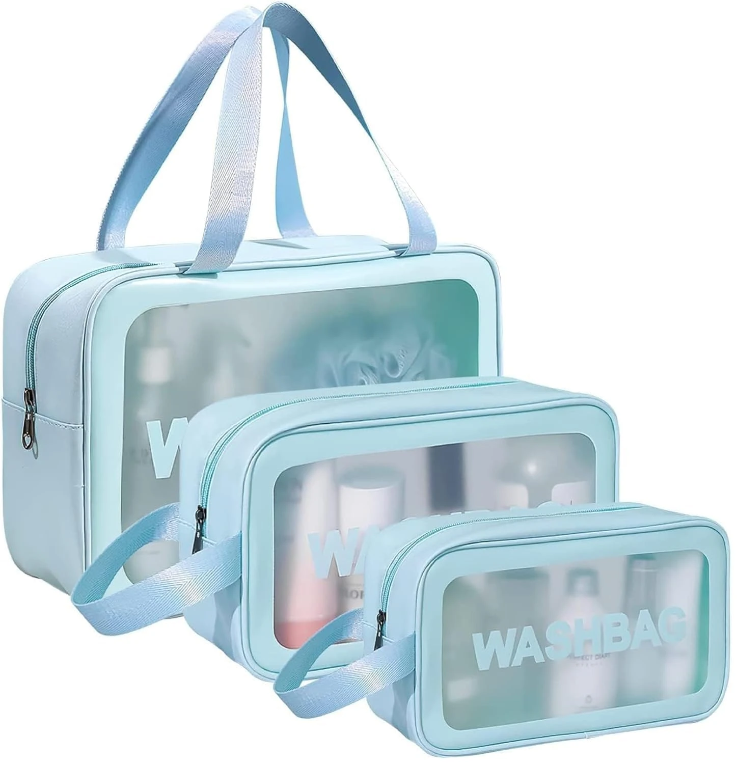 Wash Bag Pouch for Travel Kit Toiletry Bag Cosmetic Bag Make Up Box for Brushes Accessories with Handle Large Capacity Translucent Waterproof Travel Storage Organizer Set of 3 (Sky Blue) view 1