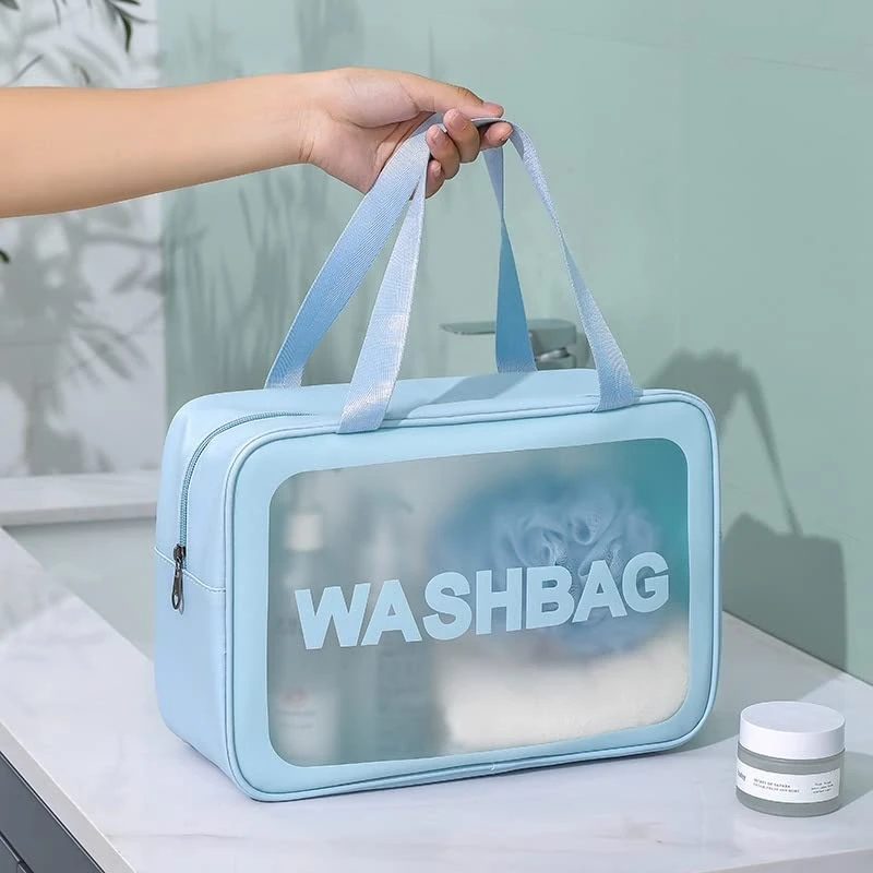 Wash Bag Pouch for Travel Kit Toiletry Bag Cosmetic Bag Make Up Box for Brushes Accessories with Handle Large Capacity Translucent Waterproof Travel Storage Organizer Set of 3 (Sky Blue) view 3