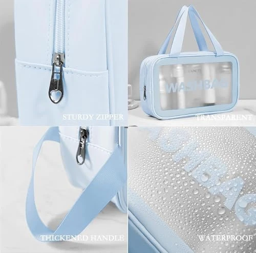 Wash Bag Pouch for Travel Kit Toiletry Bag Cosmetic Bag Make Up Box for Brushes Accessories with Handle Large Capacity Translucent Waterproof Travel Storage Organizer Set of 3 (Sky Blue) view 8