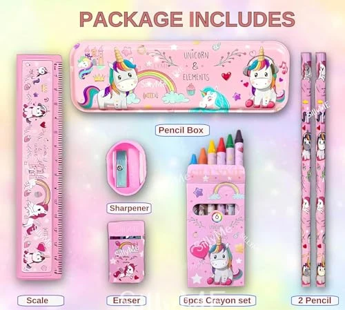 Design Studio Unicorn Gift for Kids (Pack of 7 Items) Cute Stationary Set for Kids Pencil Box Pencil Eraser Sharpner Scale Crayon for Girls/Boys Birthday Party Return Gift view 6