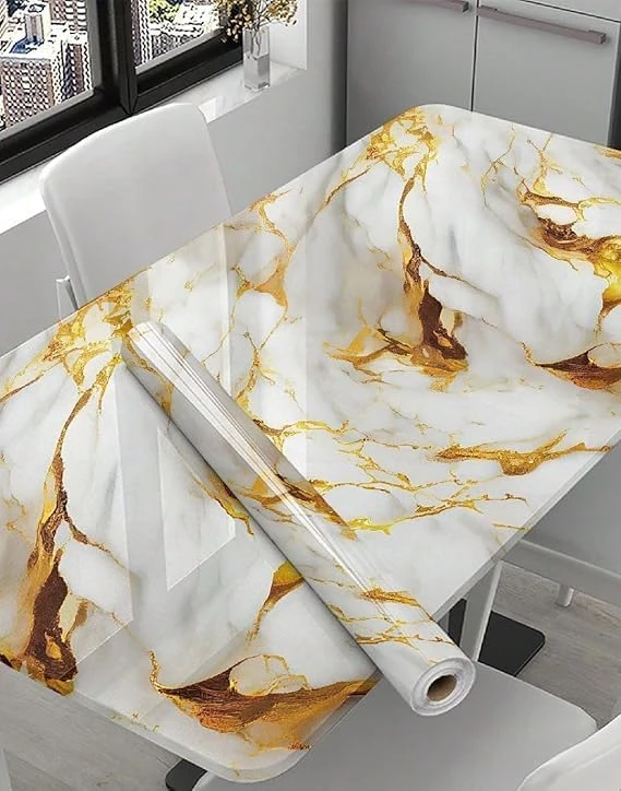 Design Studio Premium Wall Stickers DIY Wallpaper Vinyl Marble Peel and Stick Waterproof Wallpaper for Home Kitchen Countertop Cabinet Furniture Oil Proof Kitchen Stickers (60x200cm) (New White Gold) view 1