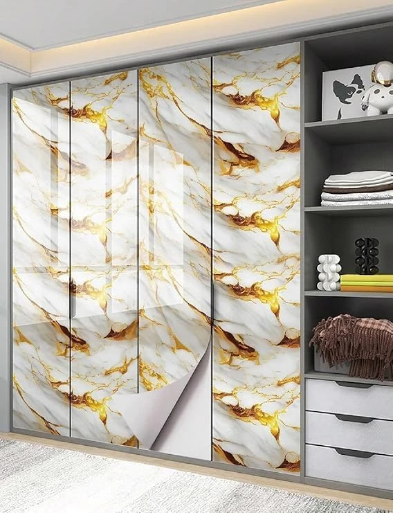 Design Studio Premium Wall Stickers DIY Wallpaper Vinyl Marble Peel and Stick Waterproof Wallpaper for Home Kitchen Countertop Cabinet Furniture Oil Proof Kitchen Stickers (60x200cm) (New White Gold) view 2