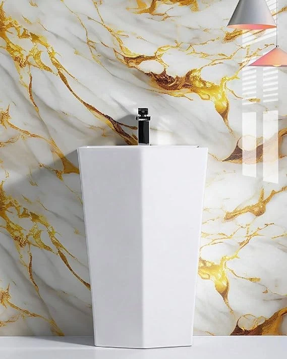 Design Studio Premium Wall Stickers DIY Wallpaper Vinyl Marble Peel and Stick Waterproof Wallpaper for Home Kitchen Countertop Cabinet Furniture Oil Proof Kitchen Stickers (60x200cm) (New White Gold) view 3