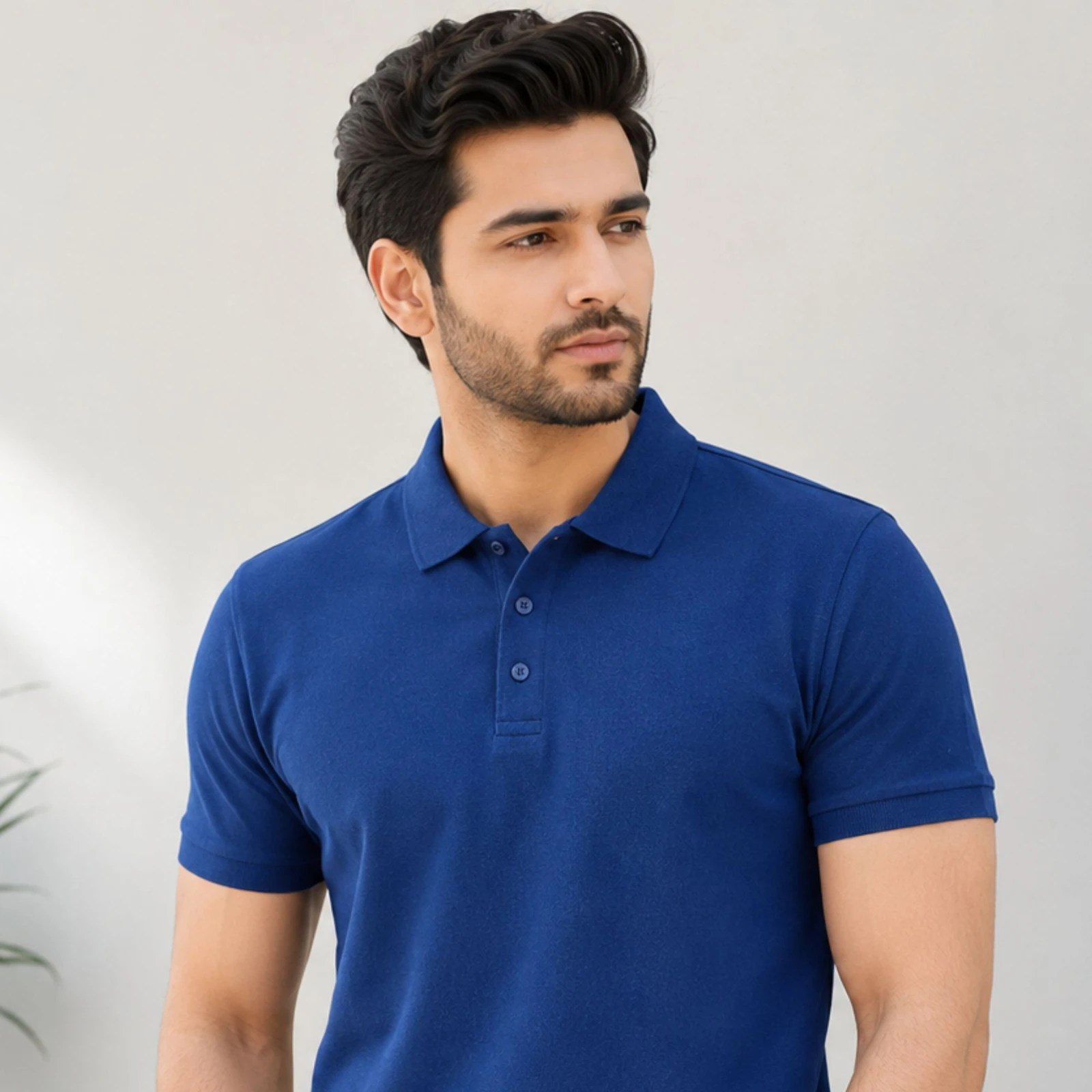 Man wearing a solid blue short-sleeve polo T-shirt with beige trousers
