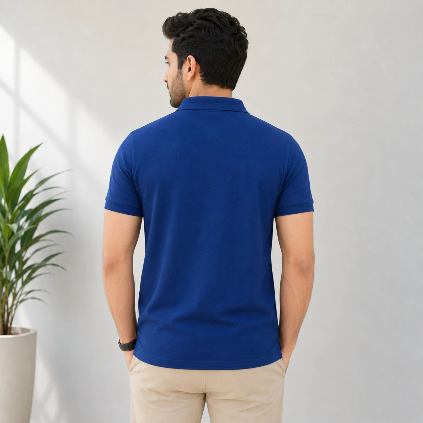 Man wearing a solid blue short-sleeve polo T-shirt with beige trousers