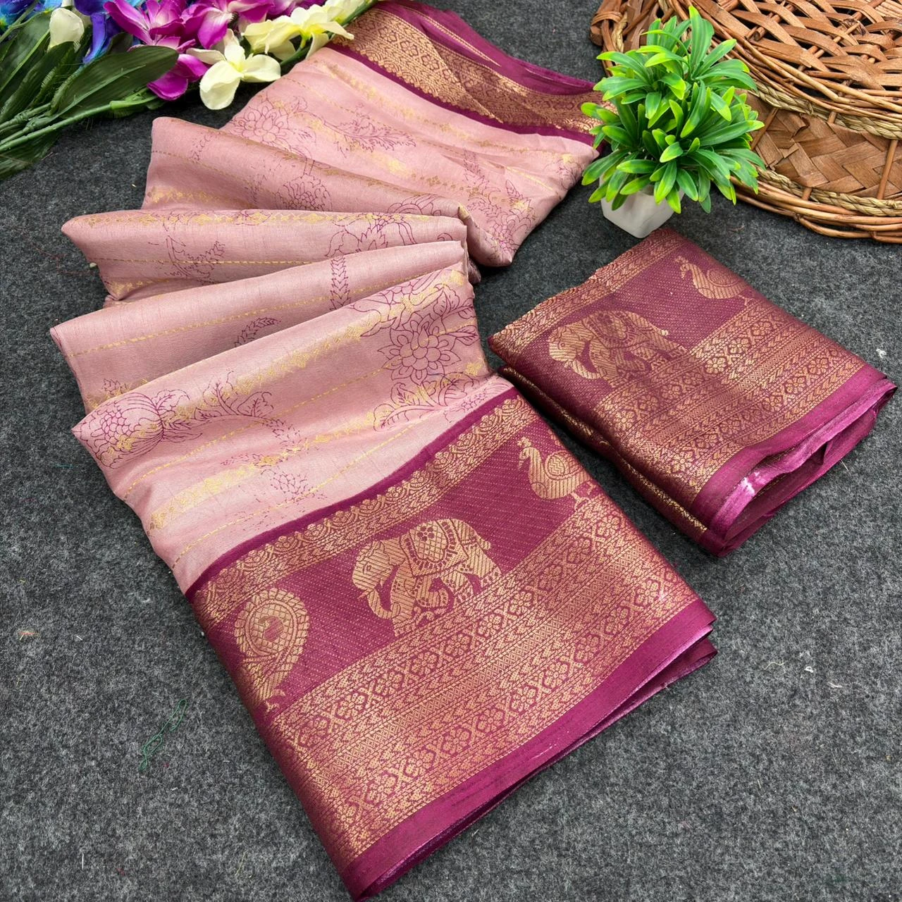 Women's Pink Silk Saree with Maroon Zari Elephant Border