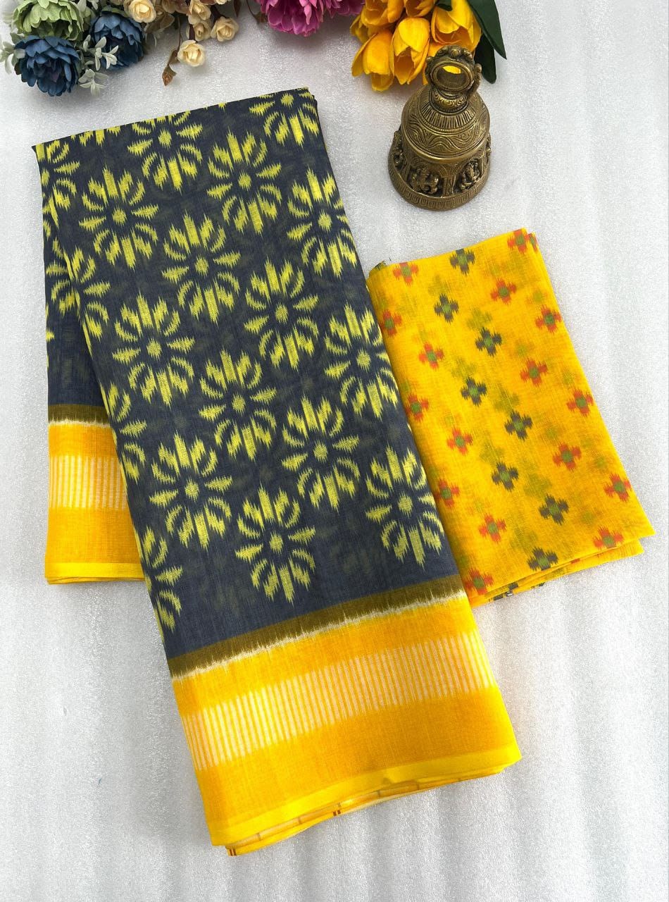 Women’s Grey & Yellow Floral Printed Saree with Blouse Piece
