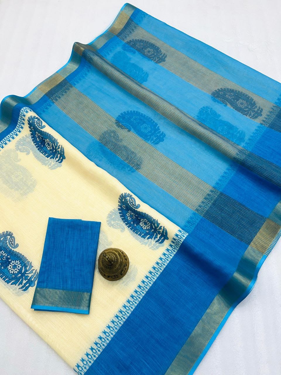Blue and Cream Paisley Silk Saree