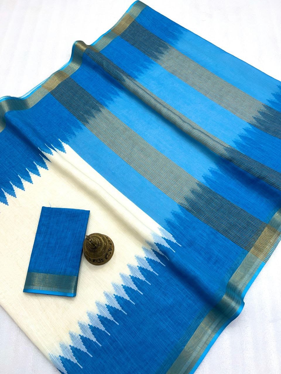 Blue and White Silk Saree with Silver Striped Border