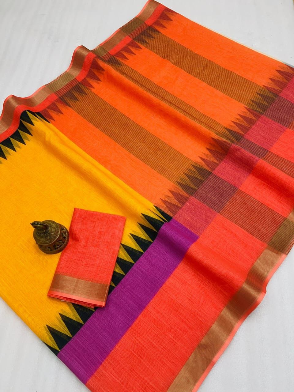Women's Yellow and Orange Silk Saree with Contrast Border