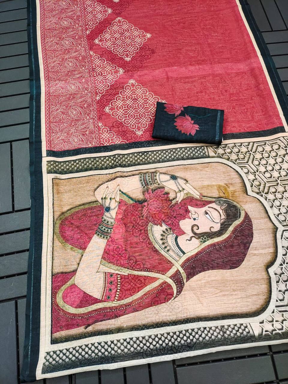 Women's Red Printed Silk Saree with Artistic Lady Motif