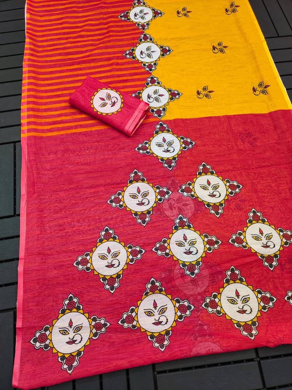 Pink and Yellow Printed Silk Saree with Goddess Face Motif