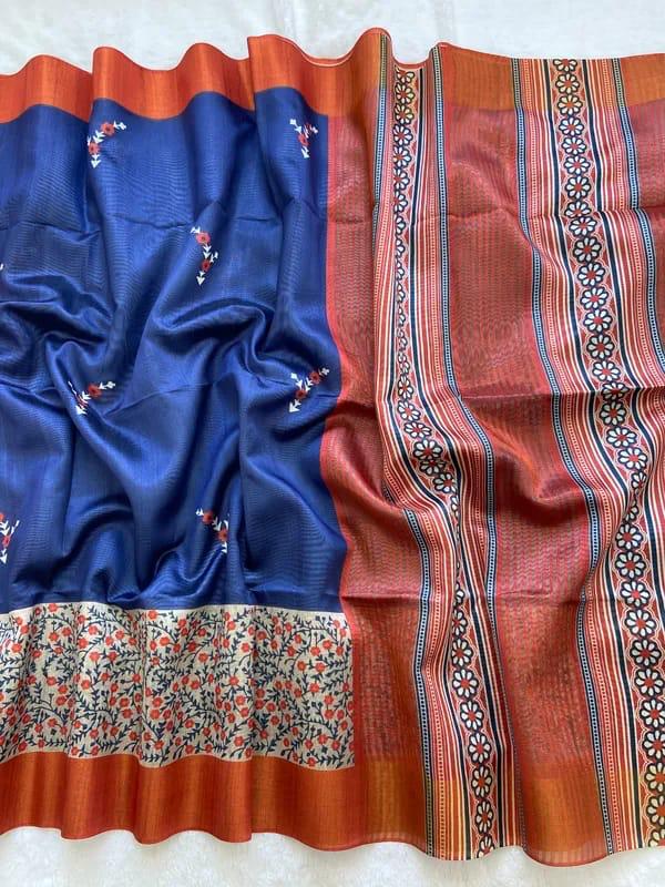 Blue and Rust Orange Woven Silk Saree with Floral Border