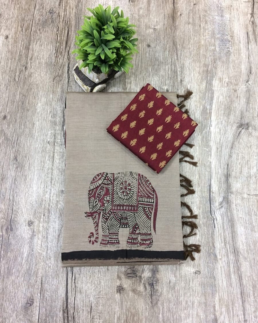 Beige Printed Saree with Maroon Blouse Piece