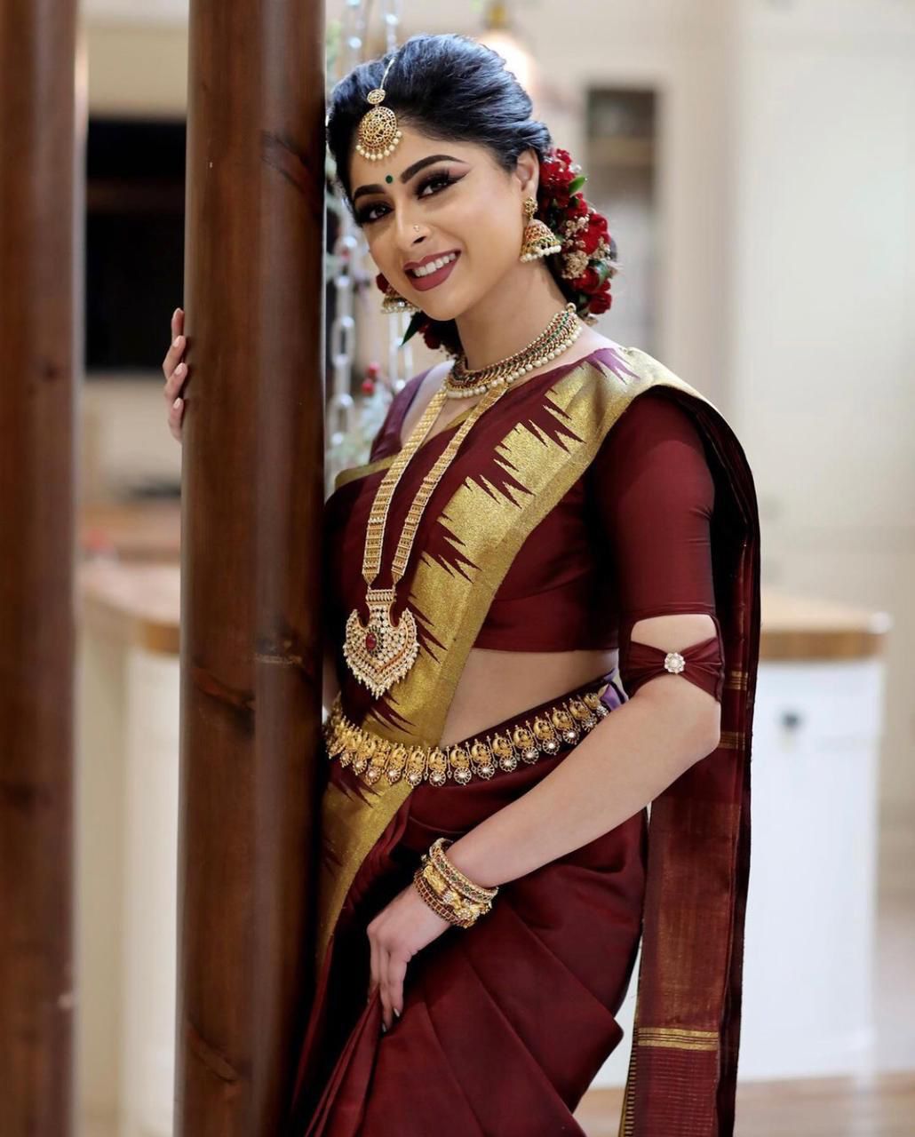 Women's Maroon Silk Saree with Gold Border