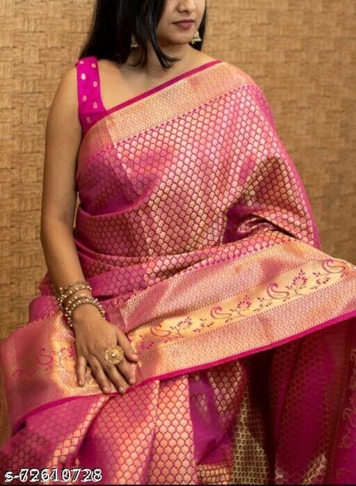 Women's Pink Woven Silk Saree with Gold Zari Border