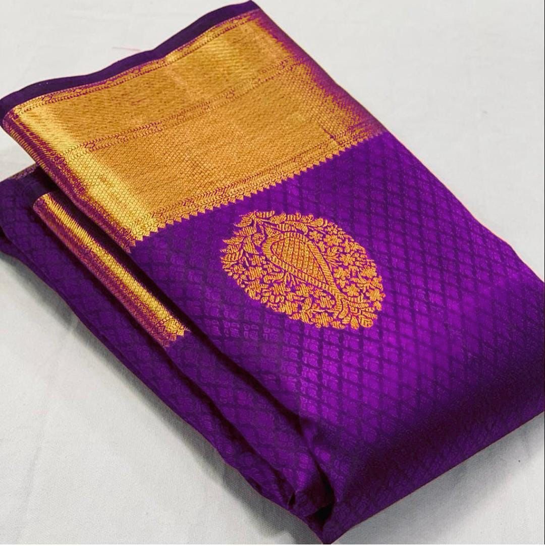 Purple Silk Saree with Gold Zari Border and Peacock Motif