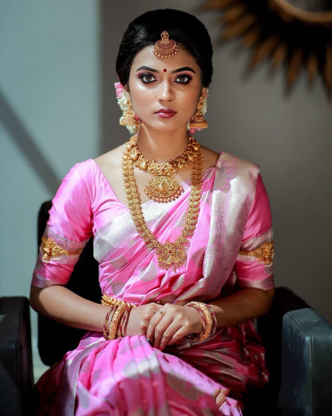 Women's Pink Silk Saree with Silver Border
